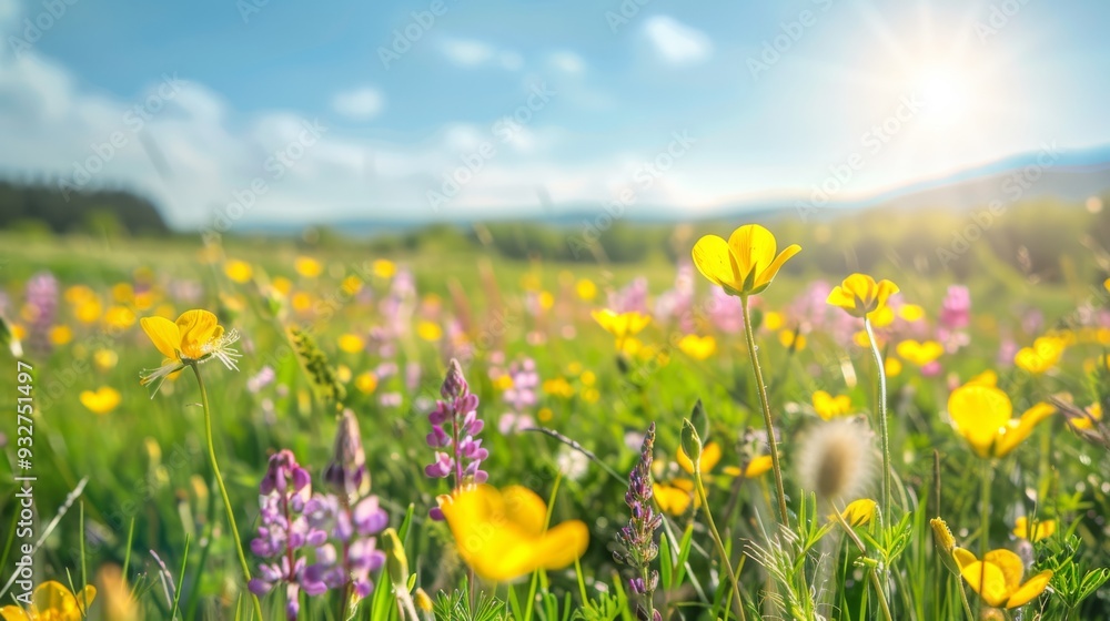 Fototapeta premium Vibrant spring meadow with a mix of bright yellow buttercups and purple lupines, illuminated by the sun, with a distant view of a clear blue sky and hills.