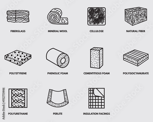 type of insulation building material outline lineal icon collections isolated on background 