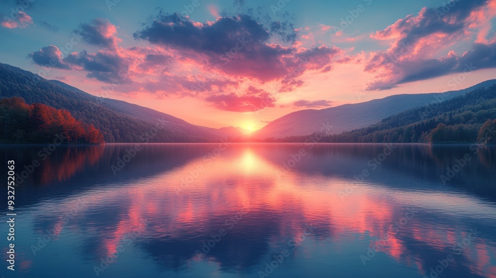 Sunset Over Mountains Reflected in Still Water Sunset Over Mountains Reflected in Still Water
