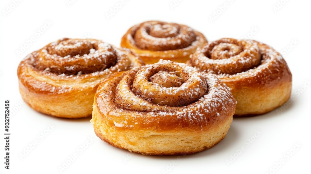Four mouthwatering cinnamon rolls topped with powdered sugar provide a delectable close-up view, showcasing light golden-brown pastry perfection and sugary sweetness. Four mouthwatering cinnamon rolls topped with powdered sugar provide a delectable close-up view, showcasing light golden-brown pastry perfection and sugary sweetness.