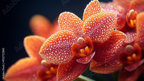 Close-up of vibrant orange orchids with dew drops.