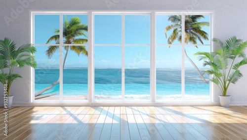 Tropical Beach View Through Large Window