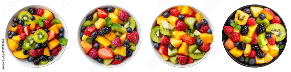Obraz premium Colorful fruit salad bowls with a variety of fresh fruits including berries, kiwi, and mango