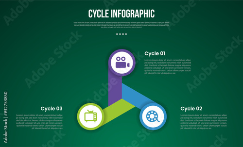 cycle infographic with creative spinning shape with circle edge with 3 point stage with modern dark style for slide presentation
