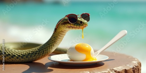 A snake wearing sunglasses and eating an egg at a table, presenting a quirky and amusing scene with a focus on the unusual combination of the snake and the sunglasses photo