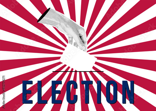 Election. A womans hand puts down a blank white sheet of paper, ballot. Halftone collage banner in retro pop art style. Trendy vintage vector illustration.