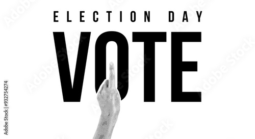 Vote, election day. Halftone collage womans hand in retro pop art style. Vector flat illustration in black, white colors. Vintage vector illustration