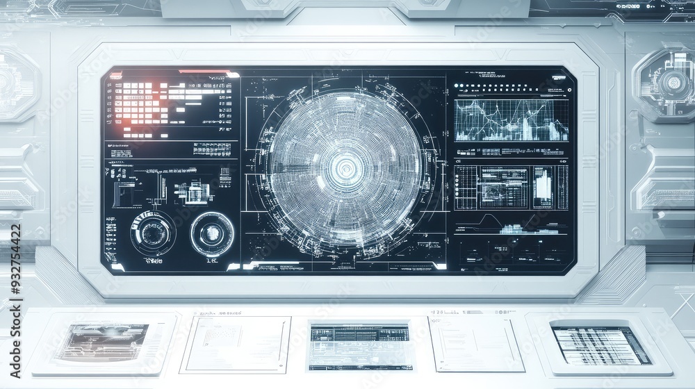 Fototapeta premium Futuristic white digital interface with geometric abstract elements, creating a sleek and clean aesthetic.