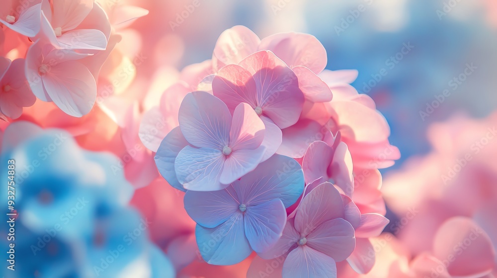 Fototapeta premium Close-up of delicate pink and blue hydrangea blossoms in soft sunlight.
