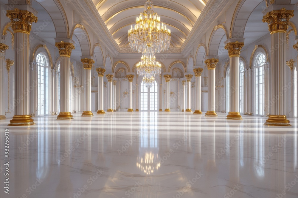 Fototapeta premium Lavish palace ballroom featuring polished floors, gilded columns, and crystal chandeliers, designed in a Renaissance style
