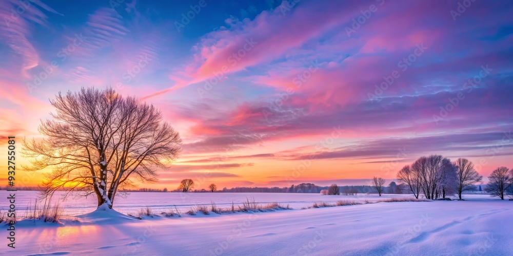 Tranquil winter sunset scene with soft pink and purple hues over a snowy field Tranquil winter sunset scene with soft pink and purple hues over a snowy field