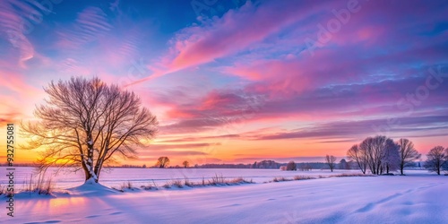 Fototapeta Naklejka Na Ścianę i Meble -  Tranquil winter sunset scene with soft pink and purple hues over a snowy field