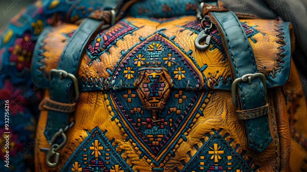 Closeup of a Colorful Leather Bag with Geometric Pattern Closeup of a Colorful Leather Bag with Geometric Pattern