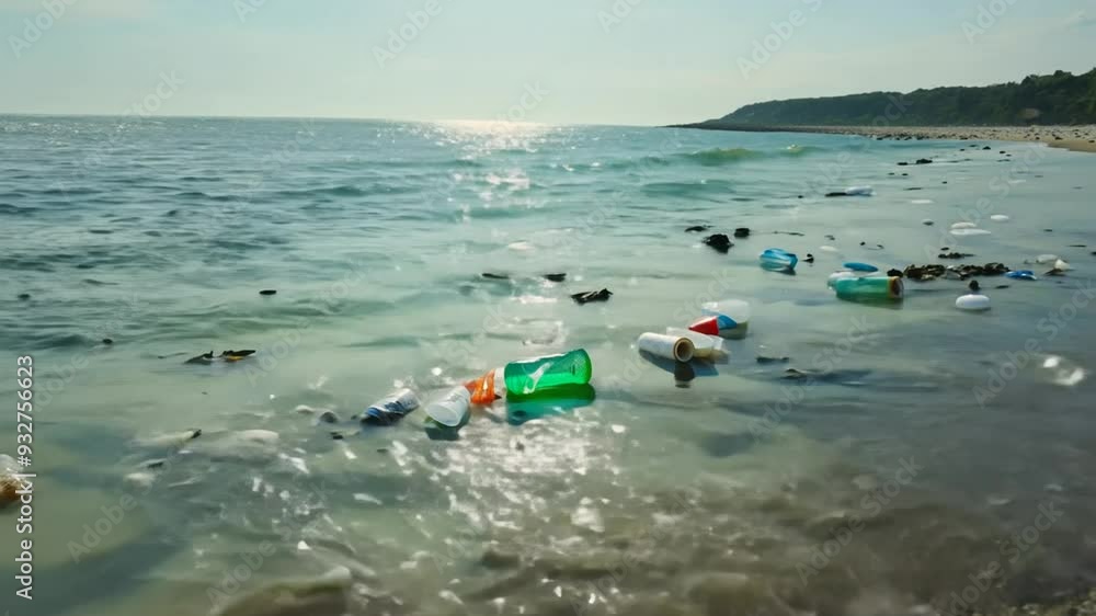 Pollution crisis on the beach with plastic debris washing ashore in the afternoon sun Pollution crisis on the beach with plastic debris washing ashore in the afternoon sun