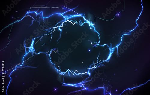 Blue thunder bolt light and electric energy discharge in form of circle on black background. Realistic 3d vector illustration round frame from storm lightning power effect. Thunderbolt strike border.
