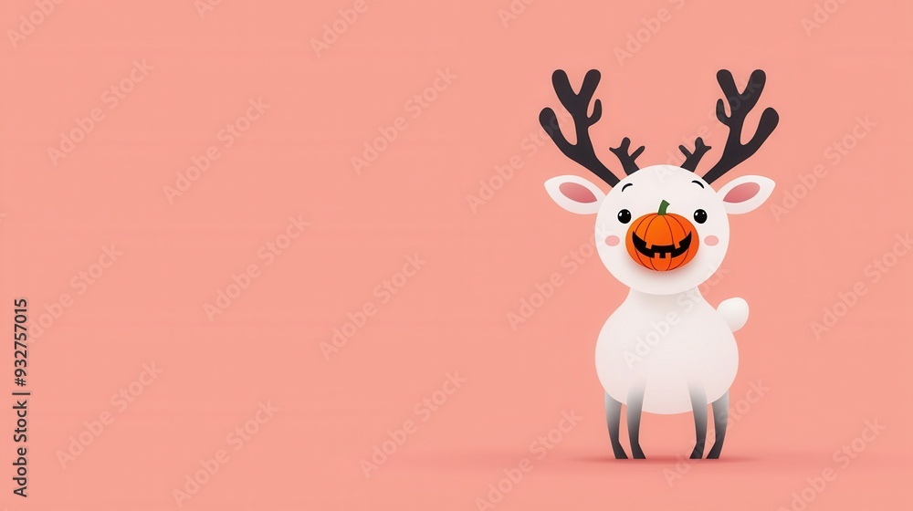 A cute cartoon reindeer with a pumpkin on its face, set against a soft pink background, perfect for festive themes. A cute cartoon reindeer with a pumpkin on its face, set against a soft pink background, perfect for festive themes.
