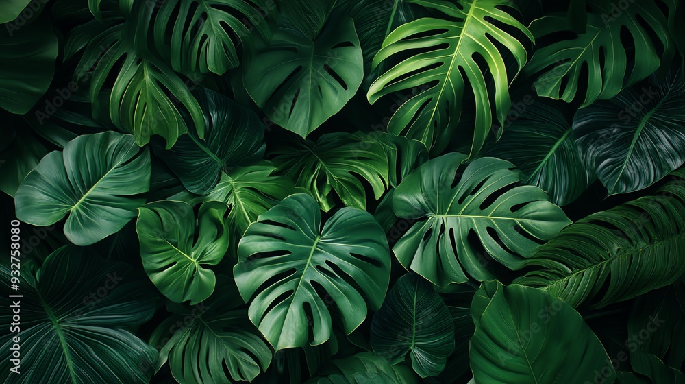 Close-up of lush green monstera leaves, perfect for tropical or botanical designs. Close-up of lush green monstera leaves, perfect for tropical or botanical designs.