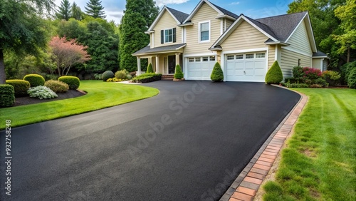 Freshly applied black sealcoat shines on a newly restored asphalt driveway, highlighting clean edges and subtle texture