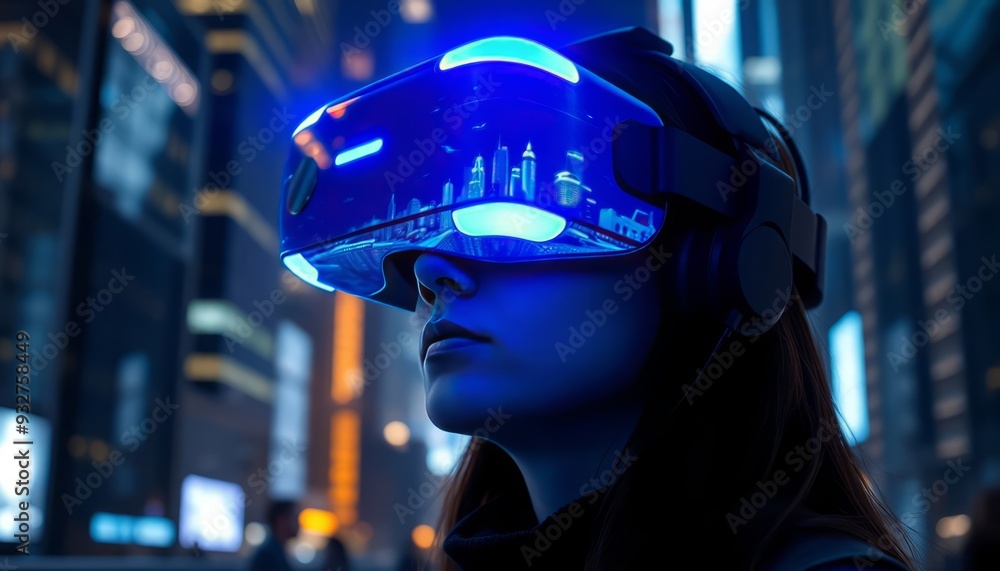 Virtual Reality Headset in Futuristic Cityscape Virtual Reality Headset in Futuristic Cityscape