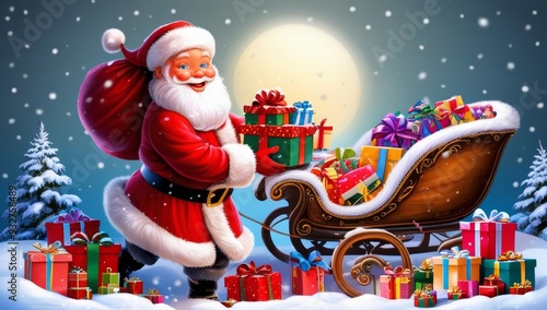 A jolly Santa Claus with rosy cheeks twinkling blue eye