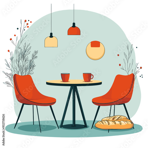 Cozy cafe illustration with red chairs, a round table set for coffee, modern hanging lights, bread on the floor, and minimalistic decor