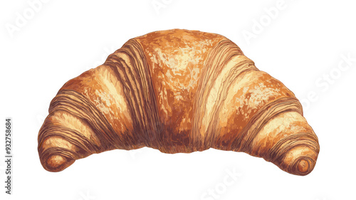Realistic illustration of a golden, flaky croissant with detailed texture and shading, showcasing the perfect French pastry