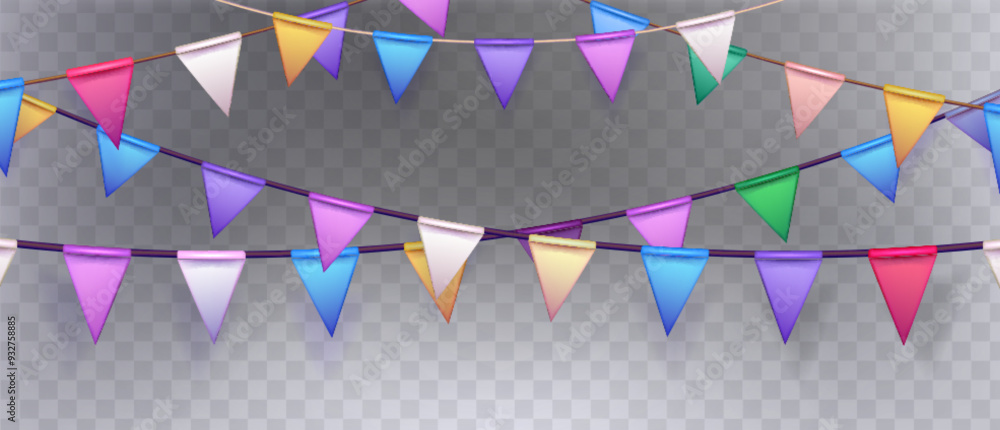 Obraz premium Birthday and holiday triangle flag party garland on transparent background. Realistic vector illustration of colorful carnival festive triangular paper bunting for celebration and congratulation.