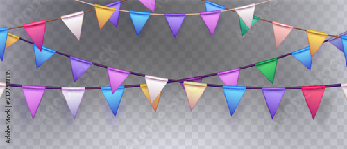 Birthday and holiday triangle flag party garland on transparent background. Realistic vector illustration of colorful carnival festive triangular paper bunting for celebration and congratulation.