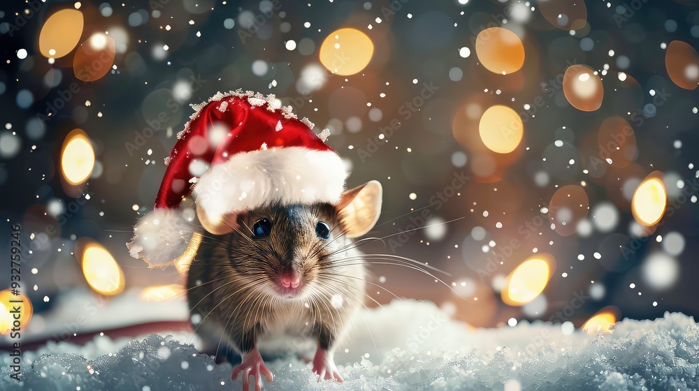 A cute little rat wearing a Santa hat, with white fur and black eyes, sitting in the snow. The background is out of focus, showing golden lights and snow falling down. A cute little rat wearing a Santa hat, with white fur and black eyes, sitting in the snow. The background is out of focus, showing golden lights and snow falling down.