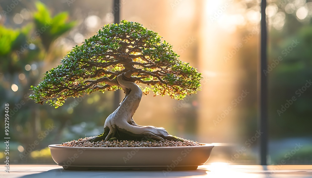 Bonsai Tree Silhouette at Sunset with Golden Light Bonsai Tree Silhouette at Sunset with Golden Light