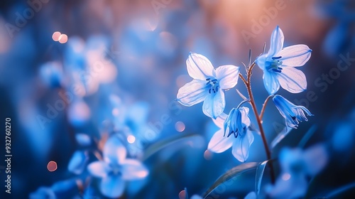 High-resolution macro shot of delicate bluebell flowers with intricate details and soft lighting, evoking tranquility