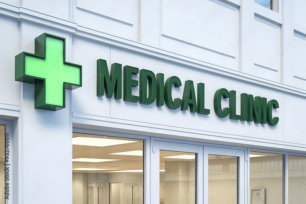 A clean and modern image of a medical clinic with a white facade and a prominent green cross sign A clean and modern image of a medical clinic with a white facade and a prominent green cross sign