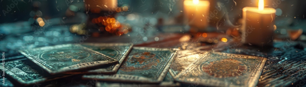 Mystical tarot cards spread on a table with burning candles creating an atmospheric and enchanting scene. Mystical tarot cards spread on a table with burning candles creating an atmospheric and enchanting scene.
