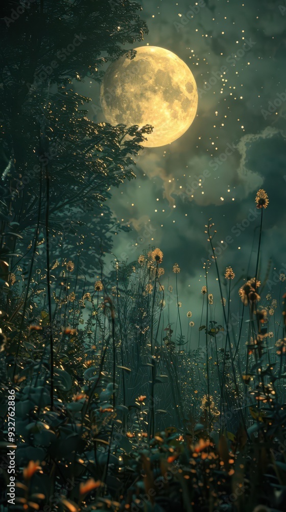 Enchanted forest under a full moon, illuminating the night sky with a ...