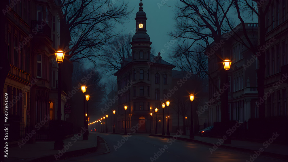 Fototapeta premium Victorian street, gas lamps flickering, deserted,