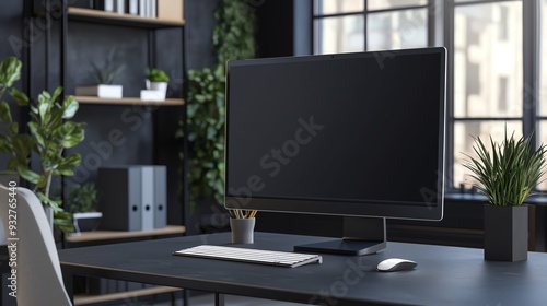 Modern office desk with computer monitor, keyboard, mouse, and plants.