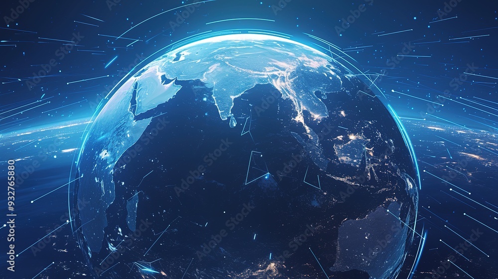 Abstract Globalization of Earth Technology in 3d Motion Graphics. Ai Network Transmission Concept on Fiber Optic Global Business Point on the Blue Planet Abstract Globalization of Earth Technology in 3d Motion Graphics. Ai Network Transmission Concept on Fiber Optic Global Business Point on the Blue Planet