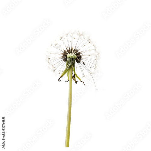 Single dandelion with intricate seed structure on a transparent backdrop.