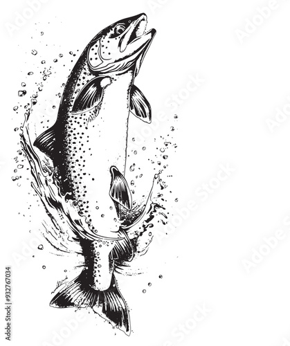 Realistic intricate drawing of the rainbow trout jumping out vector photo