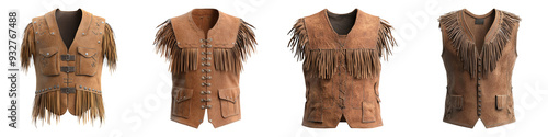 Collection of vintage leather vests with fringe design, showcasing unique western style and craftsmanship photo