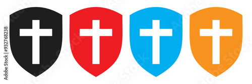 Shield with cross icon vector set. Christian cross and shield of faith. Vector illustration. 