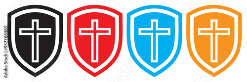 Shield with cross icon set. Christian cross and shield of faith. Medical cross symbol with shield. 