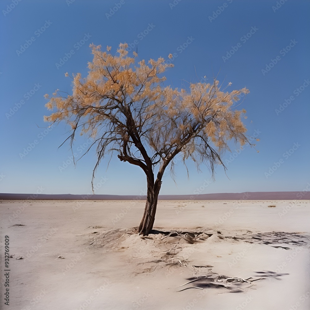 lone-tree-standing-in-a-barren-desert-landscape-on-blue-sky-background lone-tree-standing-in-a-barren-desert-landscape-on-blue-sky-background