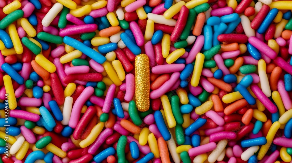 Sparkling Diversity - A Vibrant Pile of Rainbow Sprinkles with a Unique Golden One Standing Out Sparkling Diversity - A Vibrant Pile of Rainbow Sprinkles with a Unique Golden One Standing Out