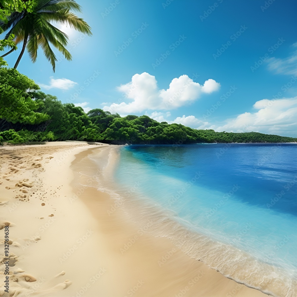Fototapeta premium tropical-sandy-beach-blue-sea-and-green-forest-on-background-in-sunny-weather