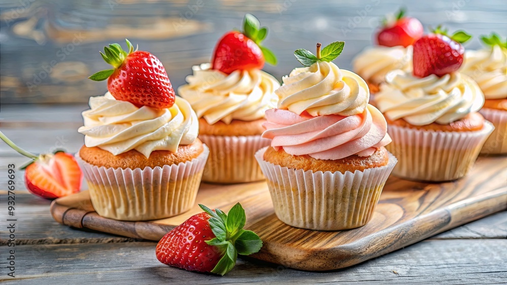Delicious vanilla cupcakes topped with strawberry frosting and cottage cheese cream Delicious vanilla cupcakes topped with strawberry frosting and cottage cheese cream