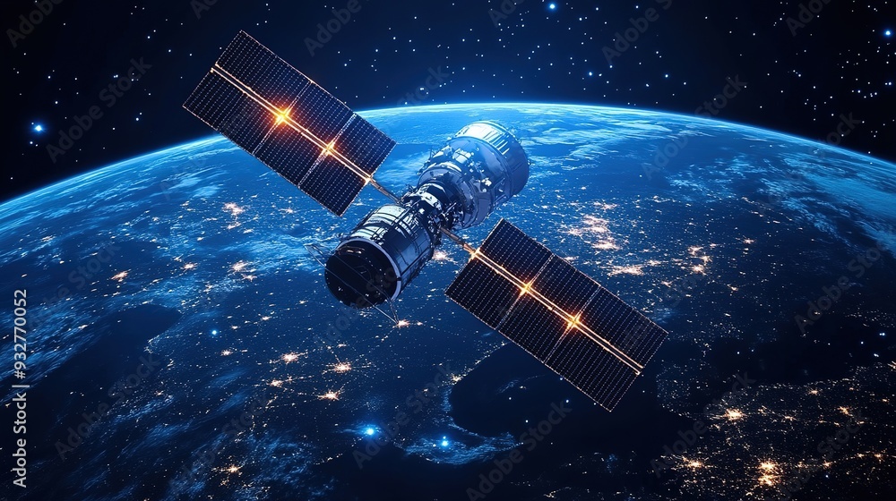 Global Satellite internet communication concept. Satellites transmit digital signals from space on the world map. Parabolic translation communication signal. Global wireless network technology. Global Satellite internet communication concept. Satellites transmit digital signals from space on the world map. Parabolic translation communication signal. Global wireless network technology.