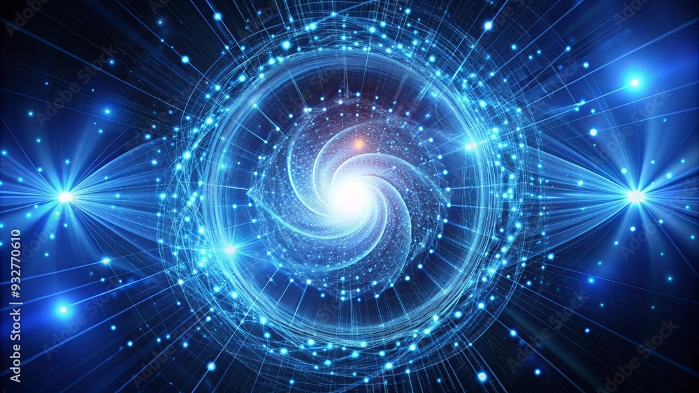 Obraz premium Abstract digital background with glowing lines and dots forming an energy vortex on a dark blue backdrop
