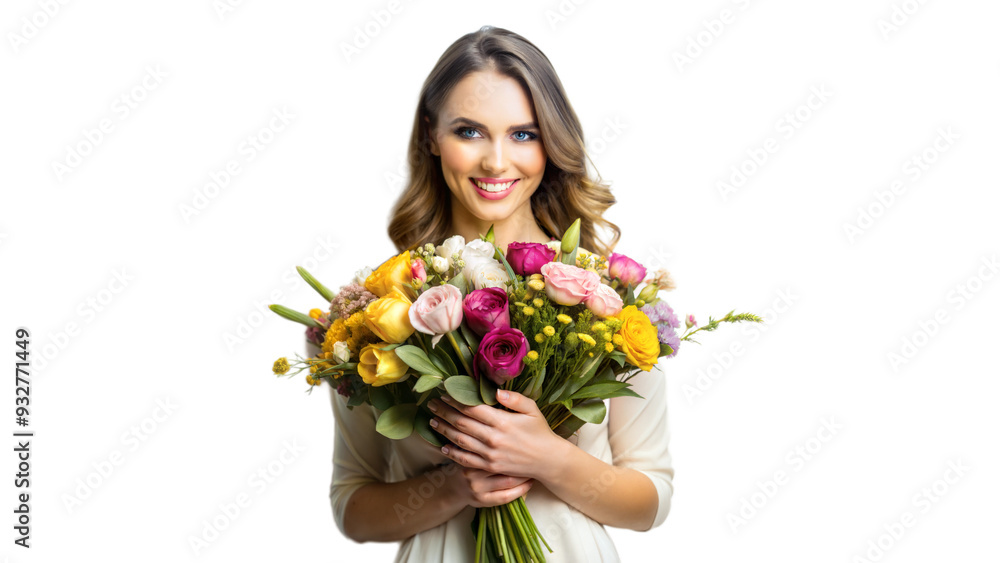 Smiling woman holding a bouquet of vibrant flowers, expressing joy Smiling woman holding a bouquet of vibrant flowers, expressing joy