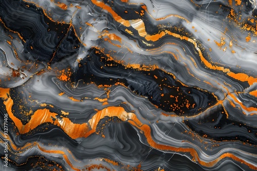 Abstract marble texture with golden lines, dark grey and orange colors